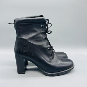 Timberland Boots Womens 9 Black Leather Ankle Lace Up Block Heel Booties Shoes